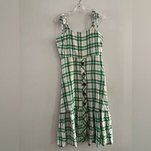 Zara Checkered Dress Green White Button Bow Fit Flare Tie Shoulder Plaid Midi L